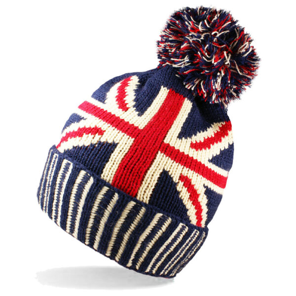Men / Ladies Unisex Warm Winter Union Jack GB Flag Knit Bobble Pom Hat