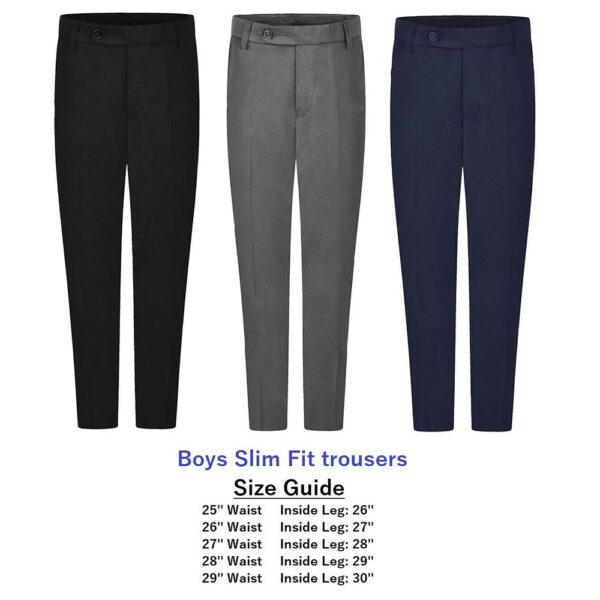 Boys Premium Quality Slim Fit School Uniform Trousers Black Navy Grey