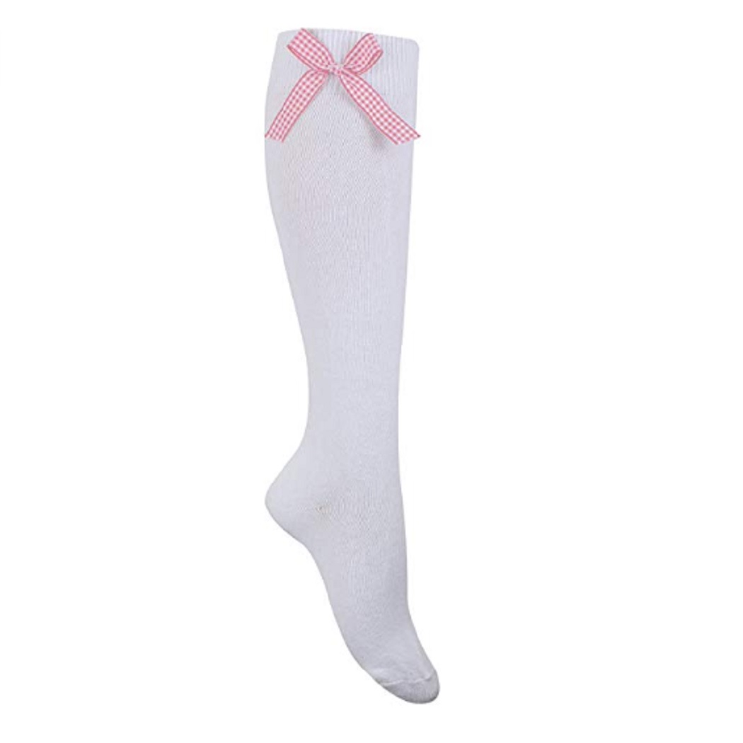 Girls Ankle Socks 3 Pairs Ladies White With Gingham Check Satin Bow School Wear 